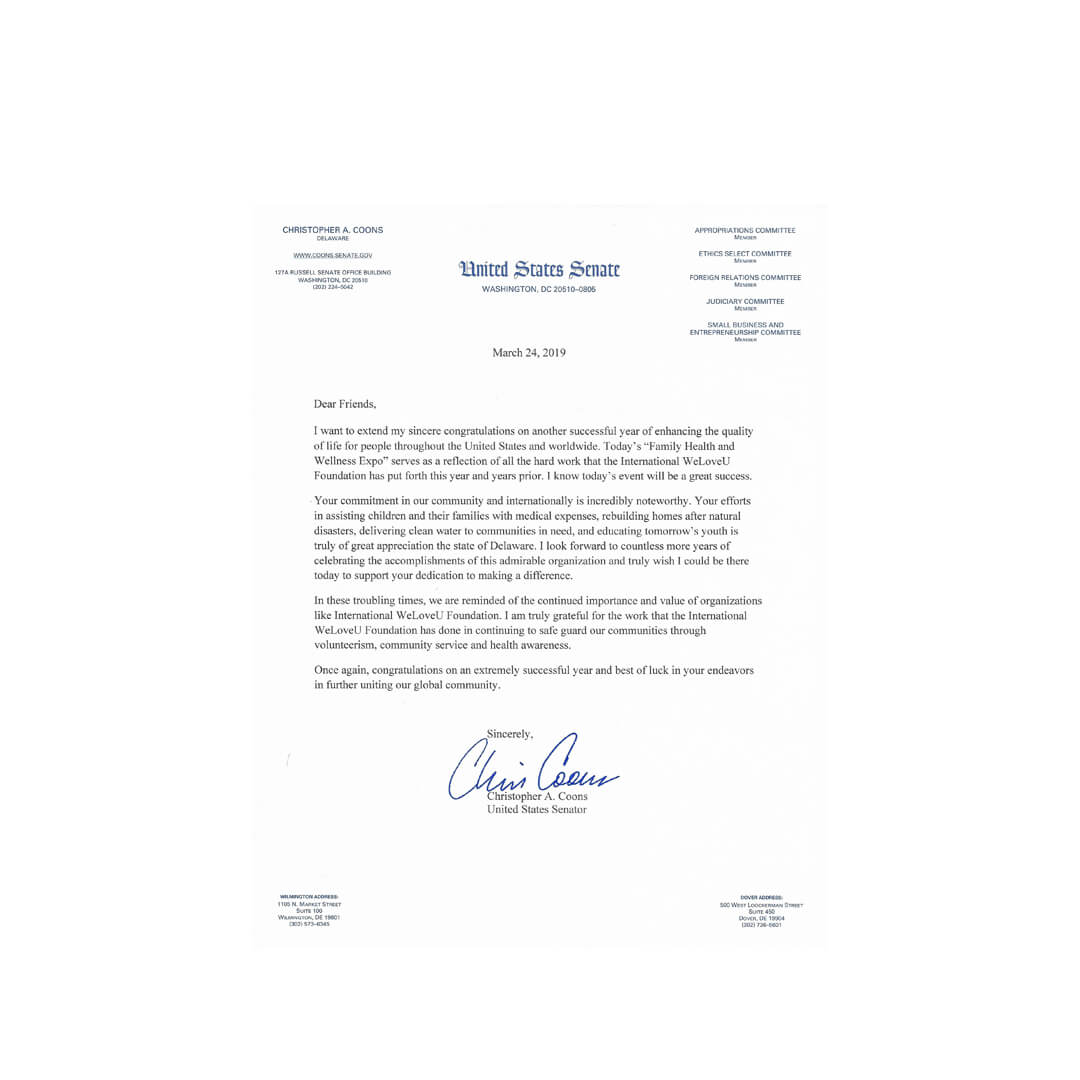 Letter from US Senator Christopher Coons