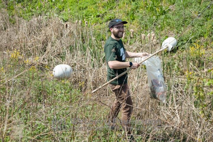 An Antunes employee picking up a large stick